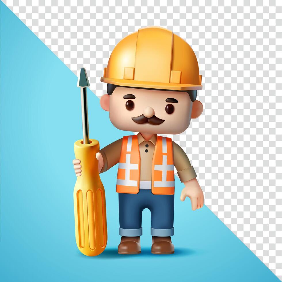 Construction worker holding big screwdriver, 3D. Suitable for business, construction and element design vector