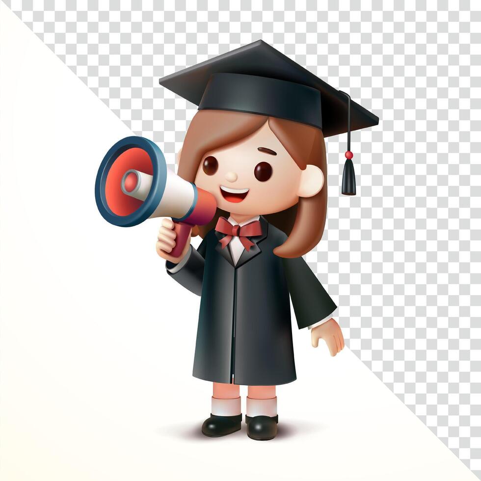 Graduation woman speaking with megaphone, 3D. Suitable for events and education vector