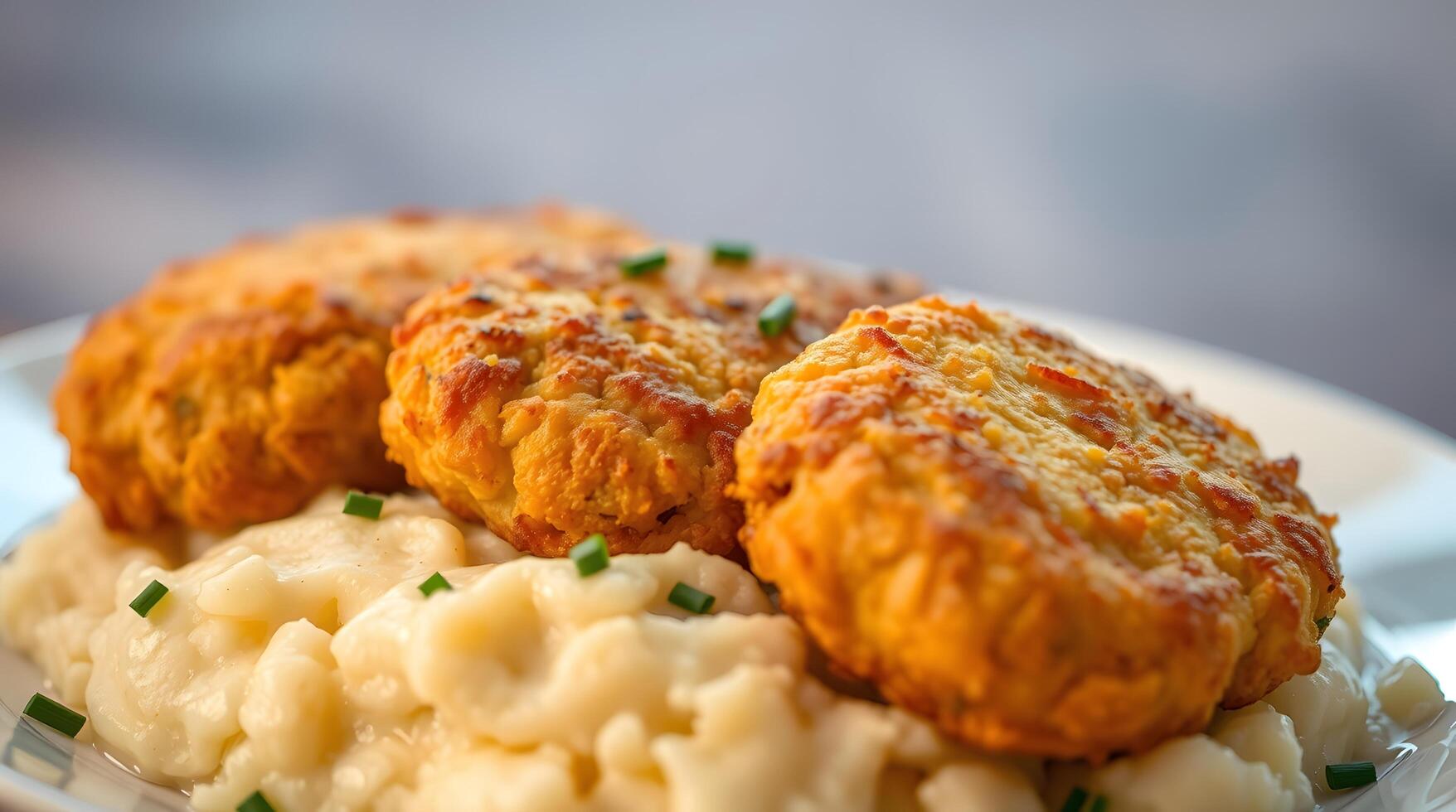 Delicious Fried Chicken Patties Served Over Creamy Mashed Potatoes photo