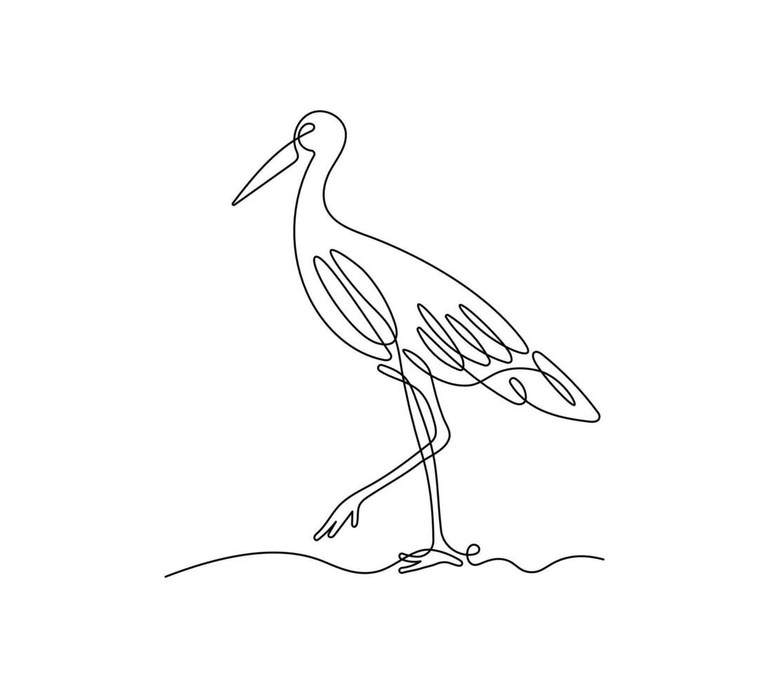 Stork in continuous line art drawing style. Minimalist black linear sketch isolated on white background. Animal cute illustration vector