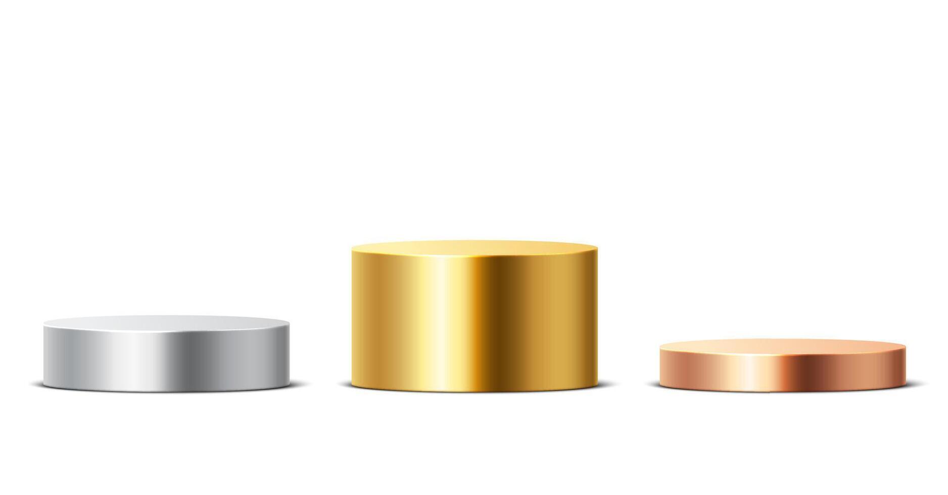 Gold, silver, bronze podiums. Cylindrical winners platform for awards or product display, empty 3d metal stages, champions pedestals. isolated set vector