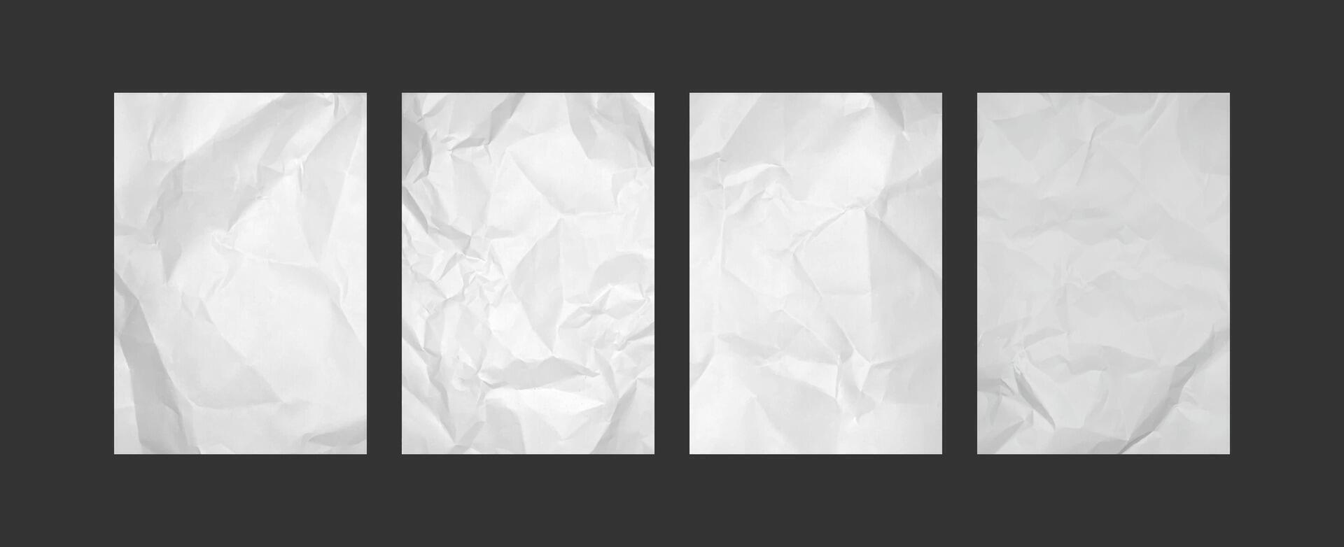 Crumpled paper sheets. Blank sheet with wrinkles, empty white pages with realistic crumpled texture. Paper with creases, trendy poster, flyer and banner templates. 3d mockups vector