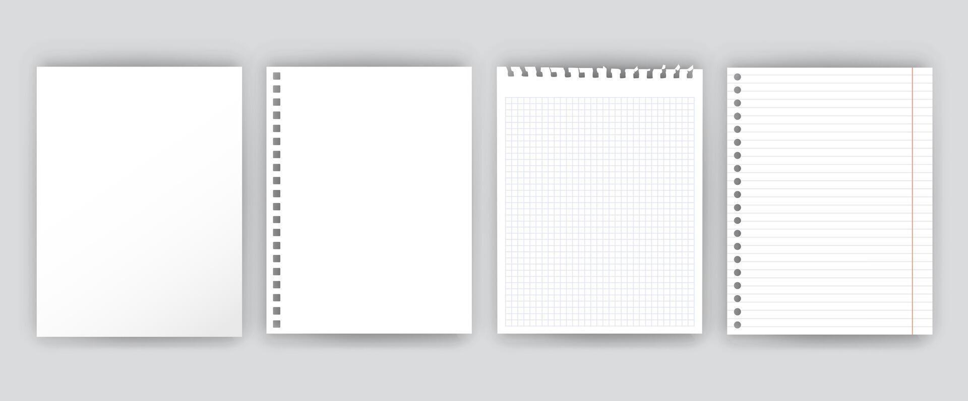 Note paper. Notebook blank white sheets of square and lined paper with perforation and realistic soft shadow effect. Copybook A4 mockups. isolated templates set vector