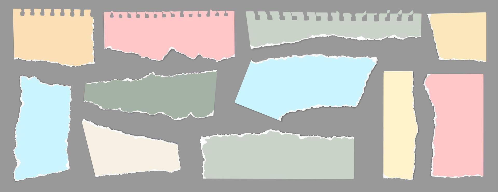 Torn note paper. Notebook sheets with ripped edges, blank color torn paper pieces for scrapbook collage. Templates for note message and information board. isolated set vector