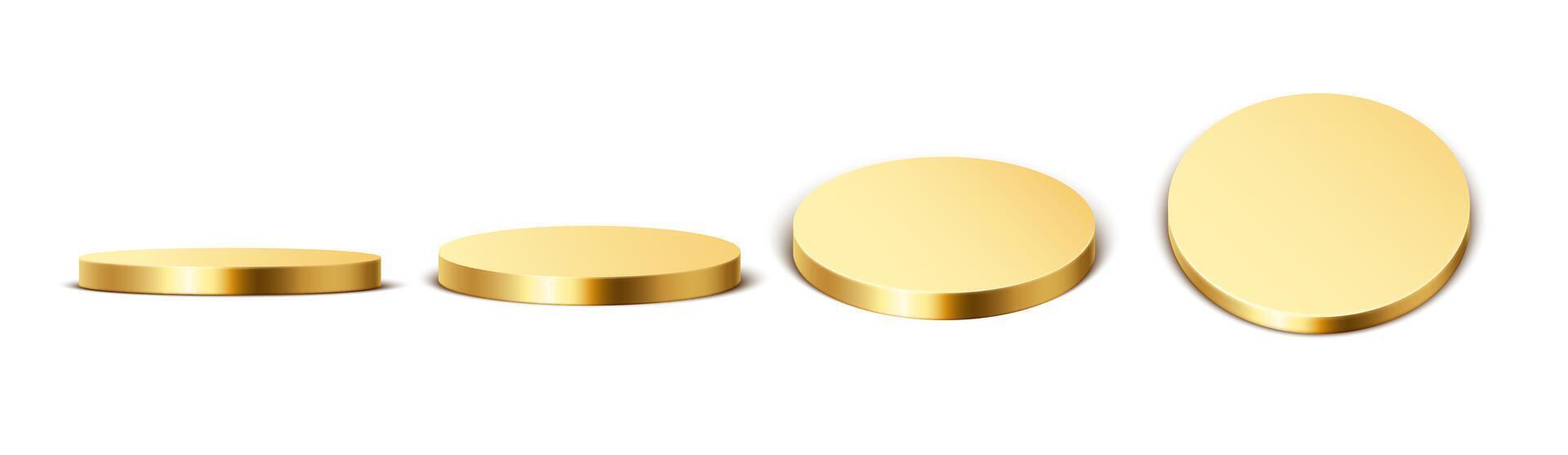 Golden round podium. Gold platform, podium. Round stage for product presentation. Golden winner stand for exhibition in different view angles. 3d metallic cylinder render set vector