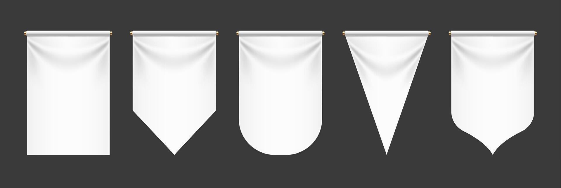 Pennants white 3d realistic. White pennant flags mockup, vertical medieval banners with rounded, straight and triangle edges. template with copy space for insignia or text vector