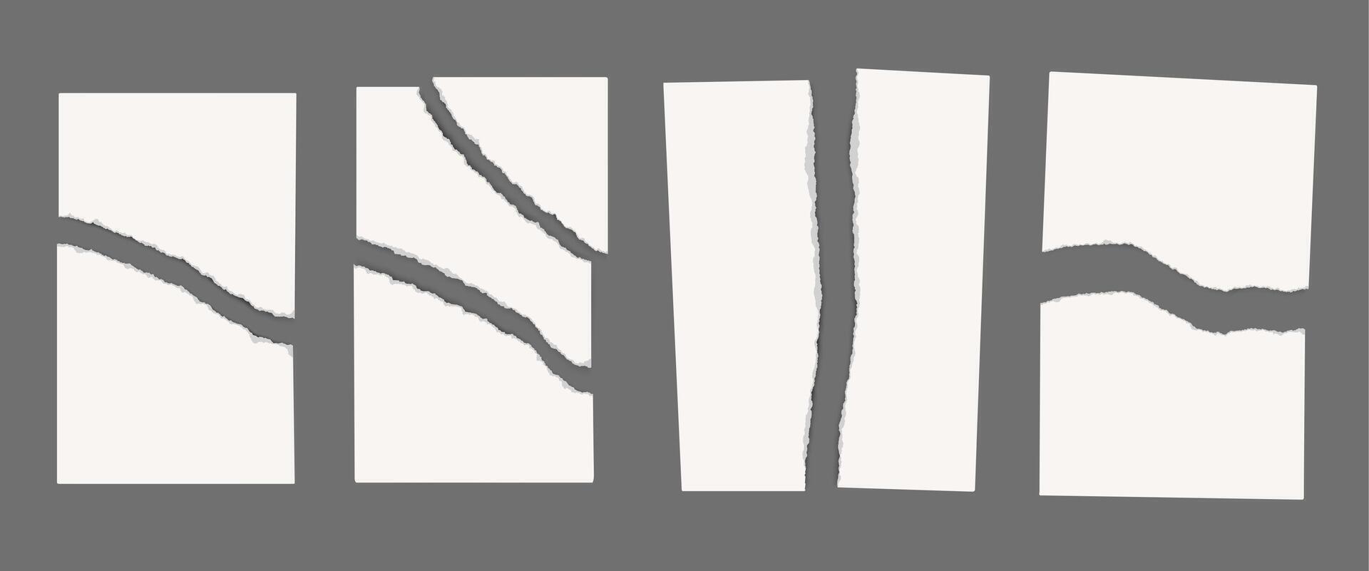 Torn paper sheets. Blank white A4 sheets in half and into pieces with ragged edges. Old paper ripped scraps. isolated templates for scrapbook collages vector
