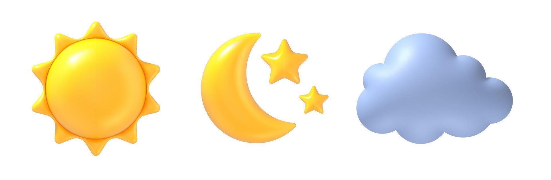 3d sun, moon and cloud. Realistic yellow sun, crescent with stars and blue rain cloud weather realistic glossy icons. Sunny day, clear night and cloudy sign. isolated set vector