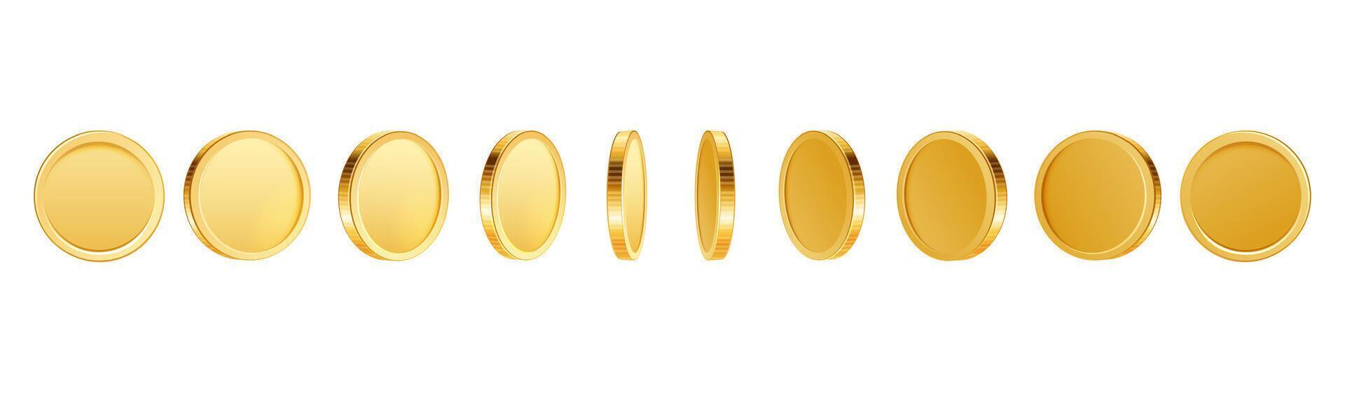 Gold coin turn around. Realistic 3D golden coins in different position, sprite sheets for game or app animation. Bingo jackpot casino poker win gambling elements. set vector
