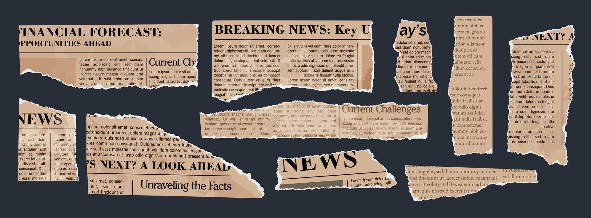 Torn newspaper. Old newspapers clipping set. Vintage paper pieces with jagged edges. Torn paper elements with typography. Ripped scraps for modern scrapbook collage. set vector