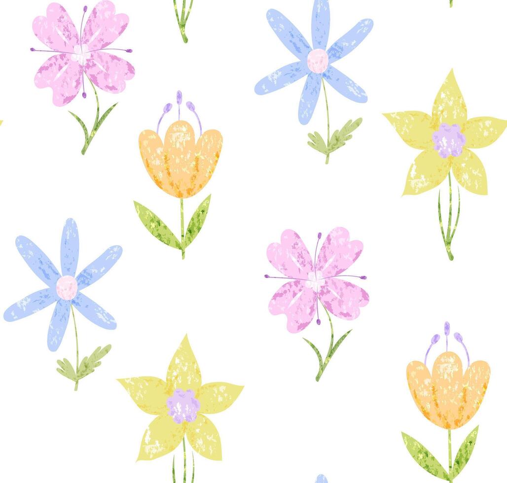 Cute seamless pattern of spring flowers with texture in minimal style vector