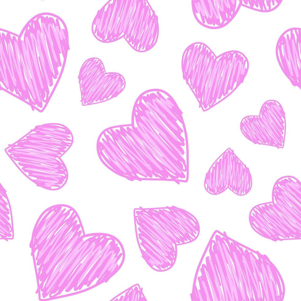 seamless pattern with hearts in crayon drawn style vector