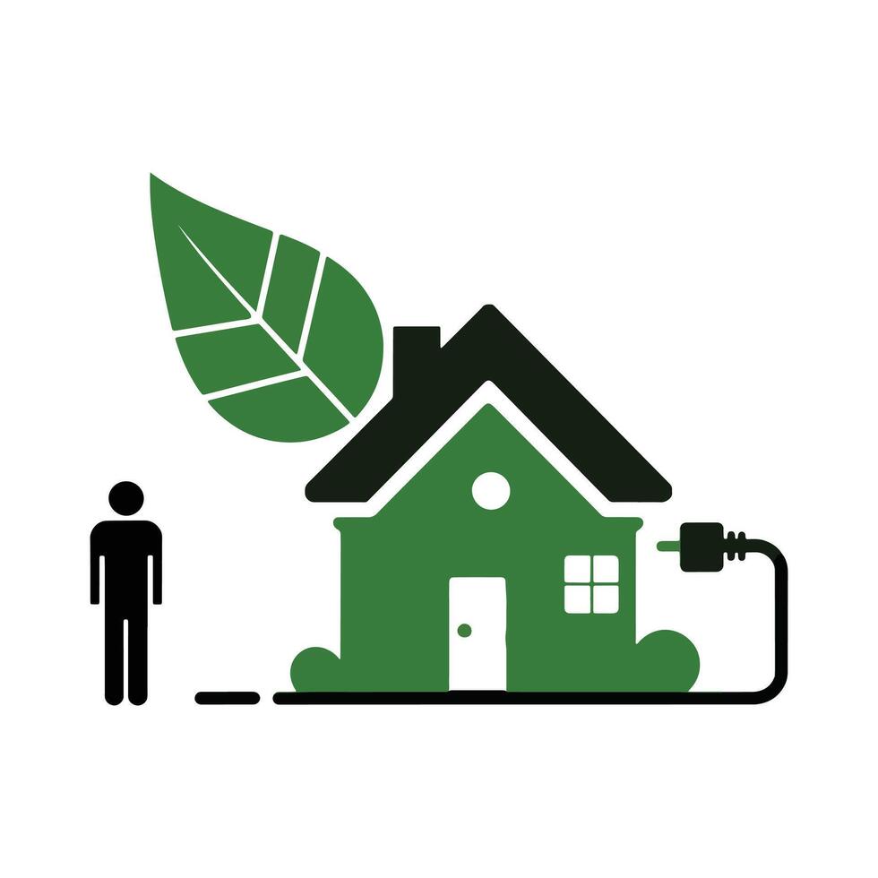 Eco-friendly house with a leaf and a person, showing sustainable energy. vector