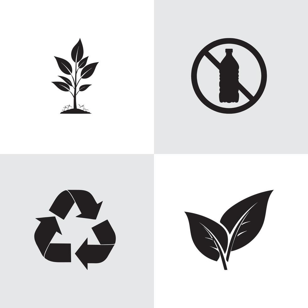 Eco-friendly icons tree, no plastic bottle, recycling symbol, and leaves vector