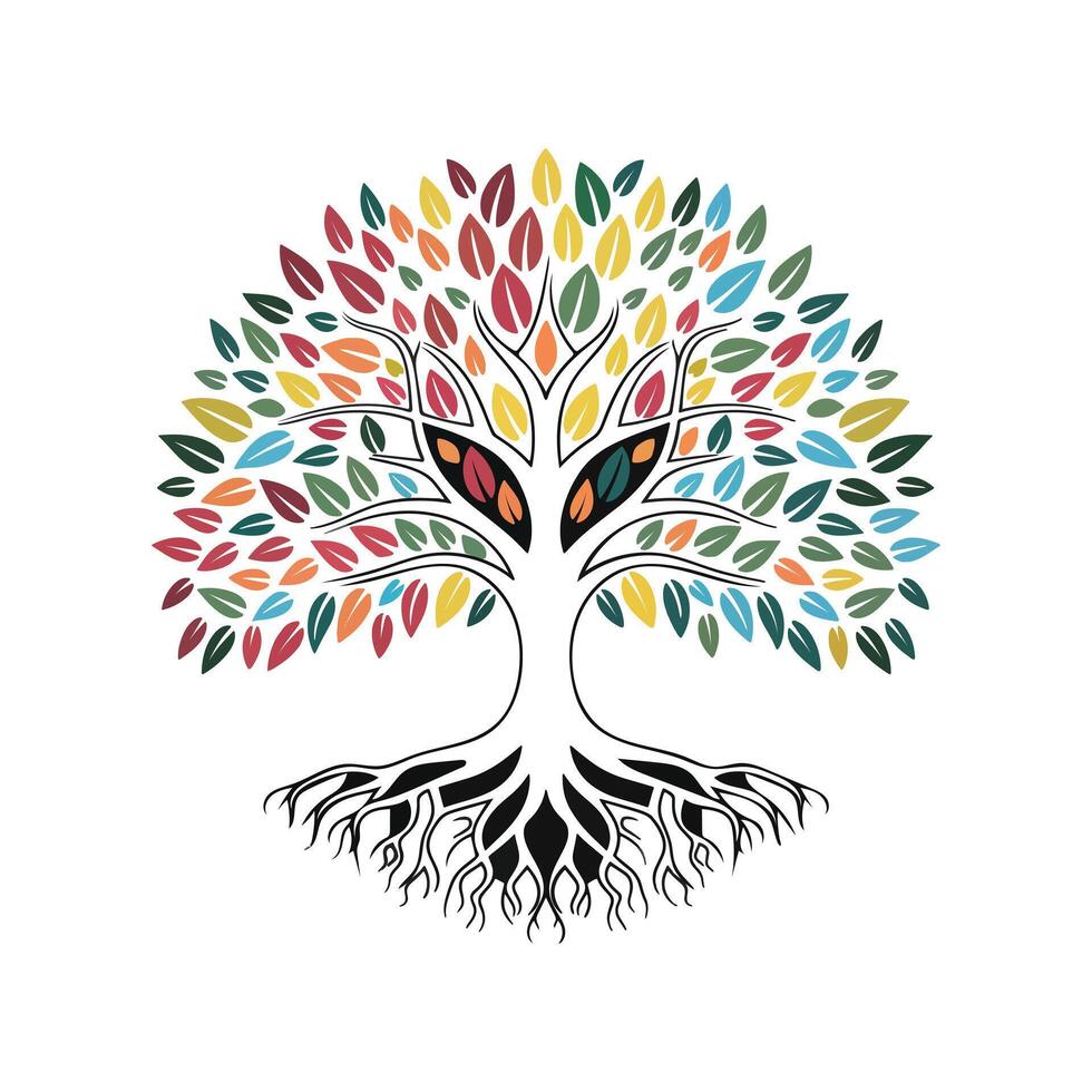 Colorful tree with roots and leaves illustration on white background vector