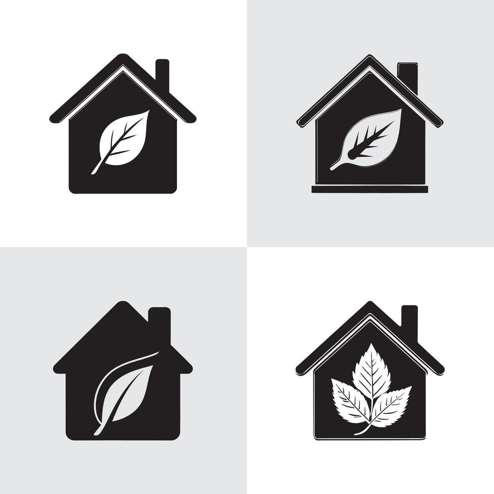 Eco-friendly house with leaves inside The house's simple silhouette features a roof and chimney. vector