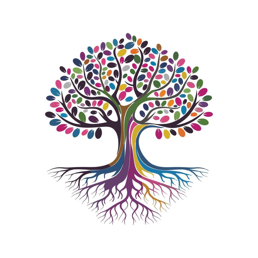 Colorful tree illustration with vibrant leaves and roots vector