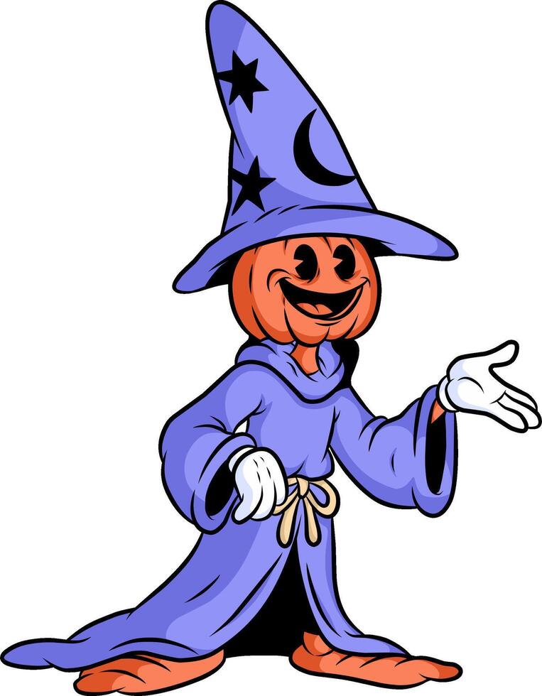 cartoon illustration of a pumpkin-headed character dressed as a wizard vector