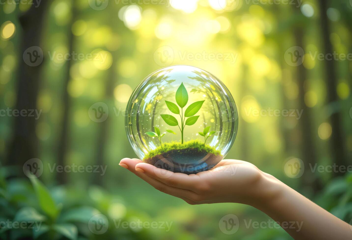 A hand holding a transparent sphere with a young plant inside, Blurred green junggle background, Symbolizing reforestation and nature conservation photo