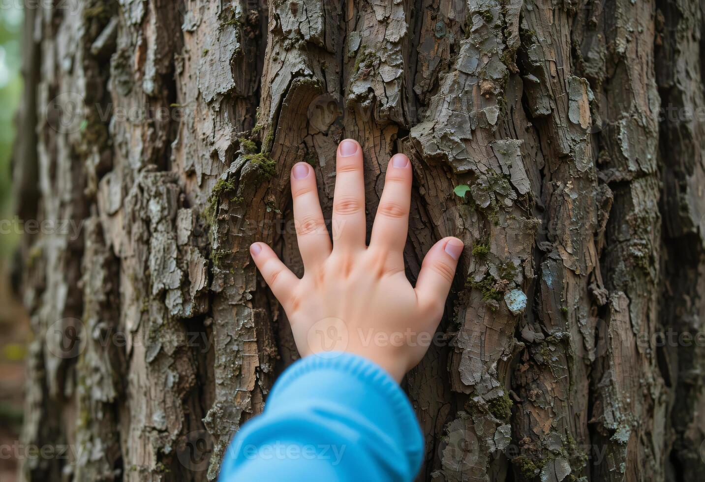 Close-up of a child hand touch the tree trunk, Bark wood, Caring for the environment, The ecology concept of saving the world and love nature photo
