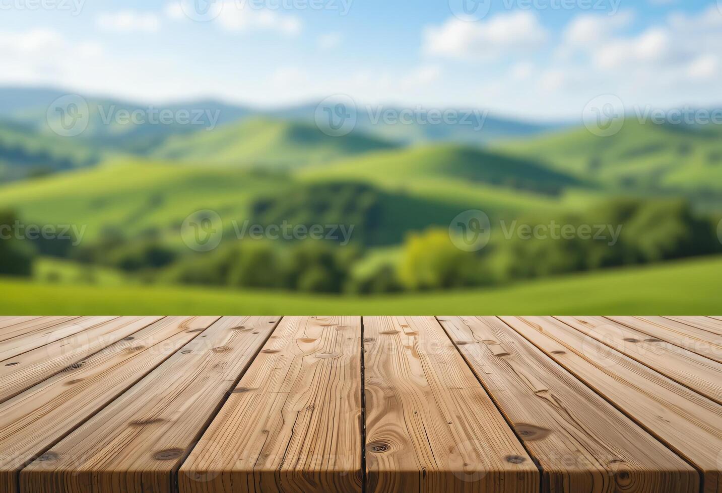 Empty Wooden Tabletop with Blurred Rolling Green Hills and Clear Blue Skies, Vibrant and Natural photo