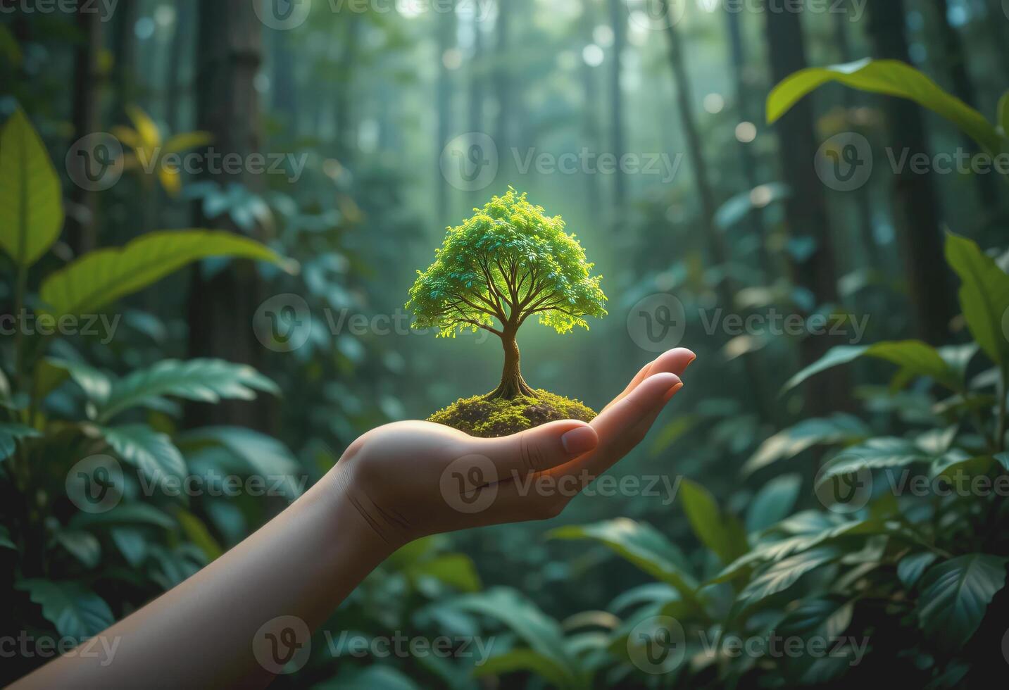 A woman hand holding a tiny glowing tree, Rainforest background, Representing reforestation photo