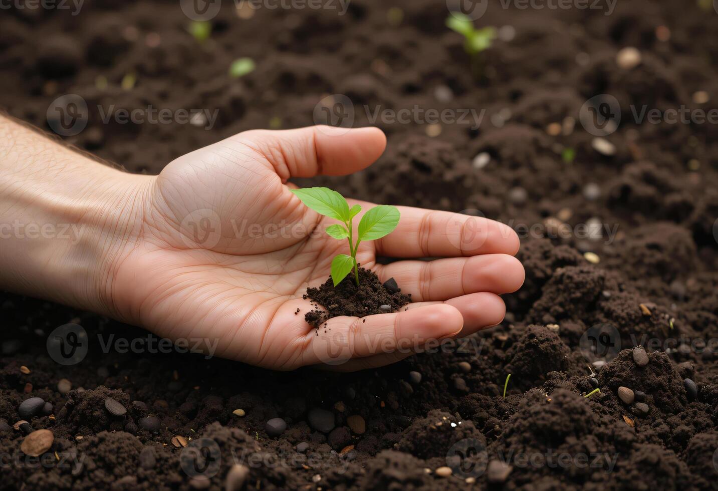 Hand holding a small seedling, Forest conservation concept, Symbolizing reforestation and nature conservation photo
