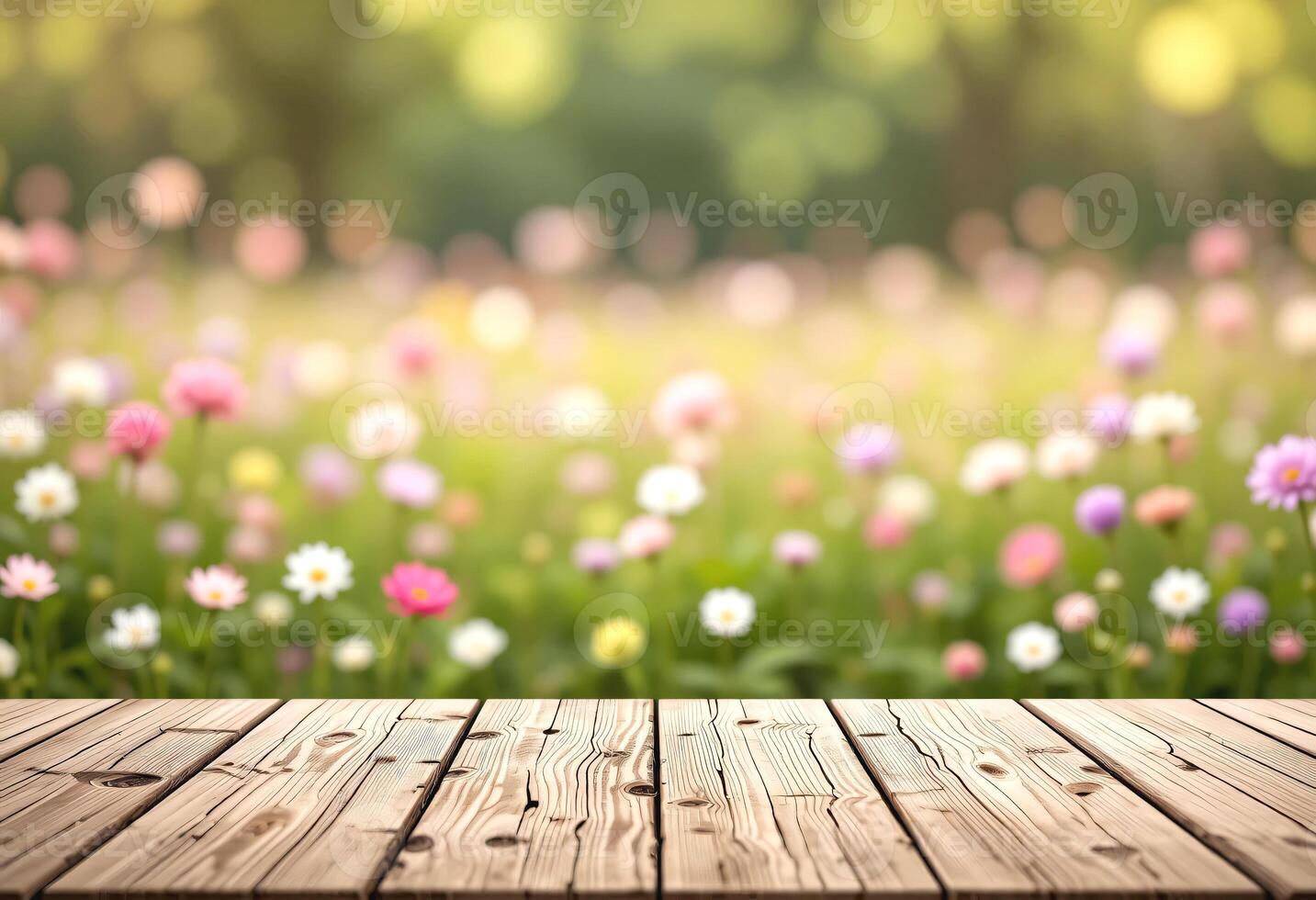 Empty Wooden Tabletop Over Blurred Blooming Meadow in Soft Light, Ideal for Ads and Graphics photo