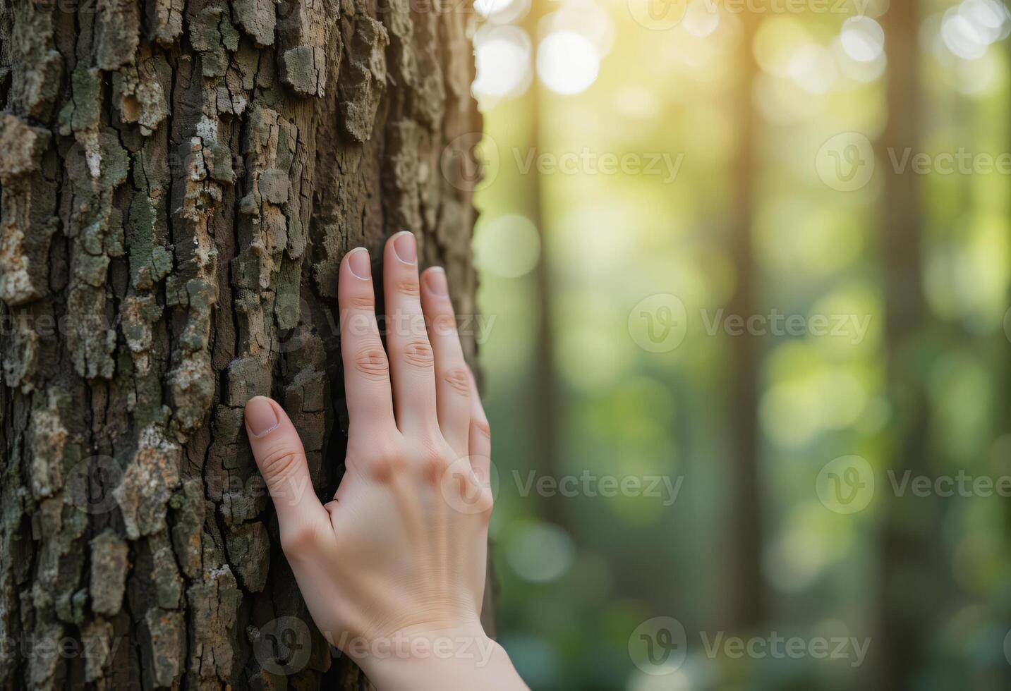 Close-up of a woman hand touch the tree trunk, Bark wood, Caring for the environment, The ecology concept of saving the world and love nature photo