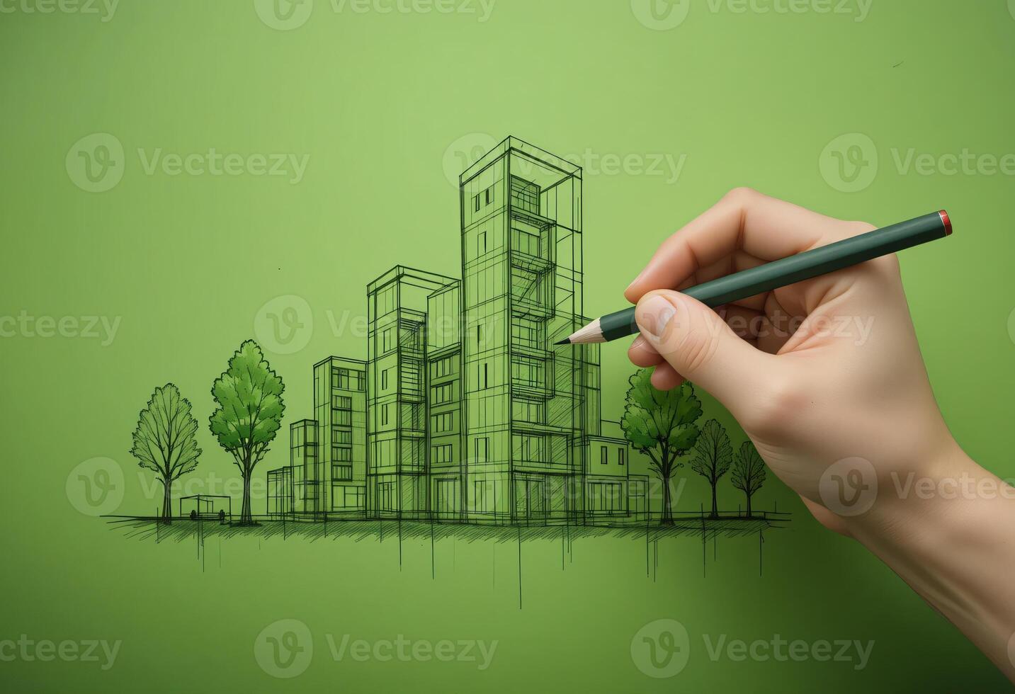 A hand holding a pencil over a green sustainable building concept sketch, Symbolizing eco friendly living and environmental awareness photo
