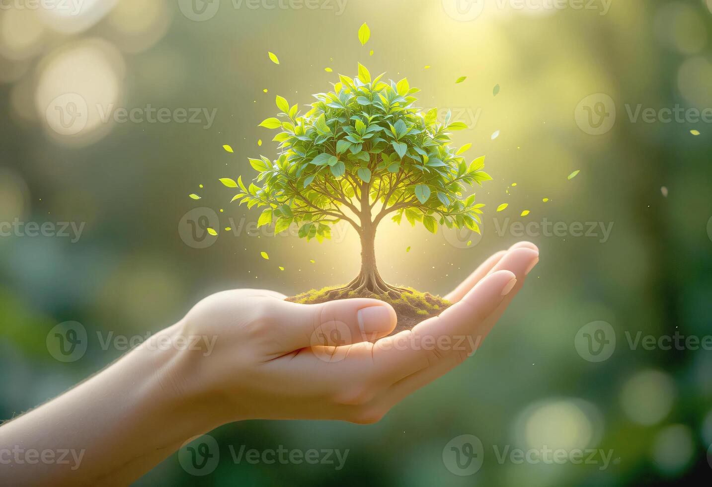 A Human hand holding a tiny tree, Blurred garden background, Concept of environmental protection photo
