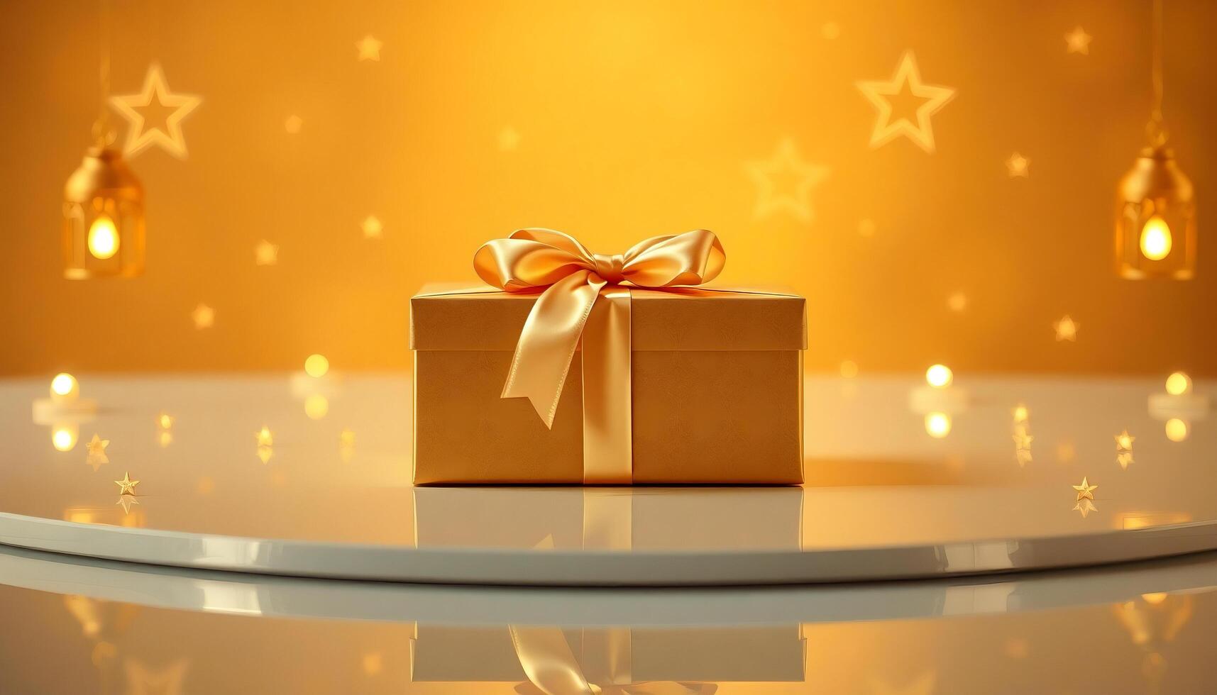 golden gift box with golden ribbon on a table with golden stars photo