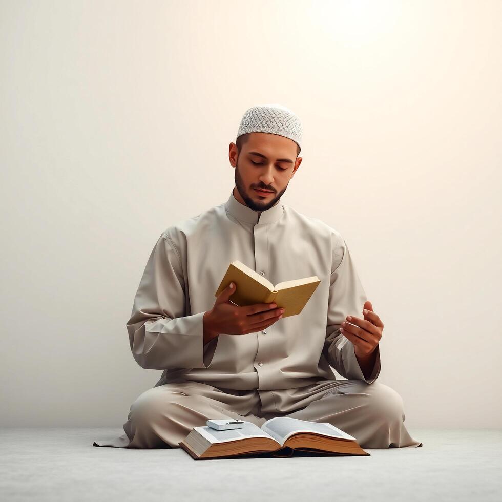 muslim man reading quran and praying on white background 3d render photo