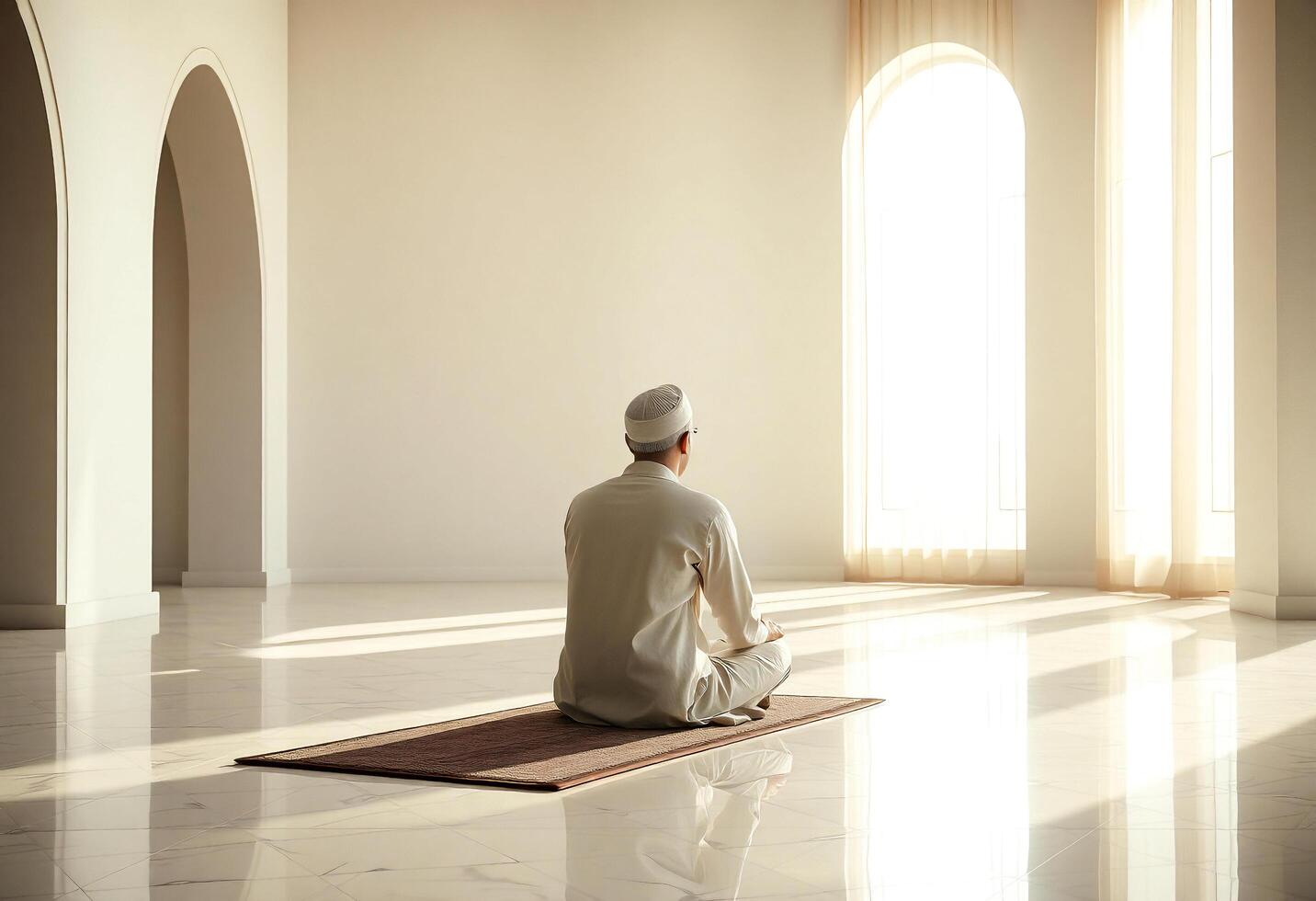 muslim man sitting in a mosque with a sun shining through the window photo