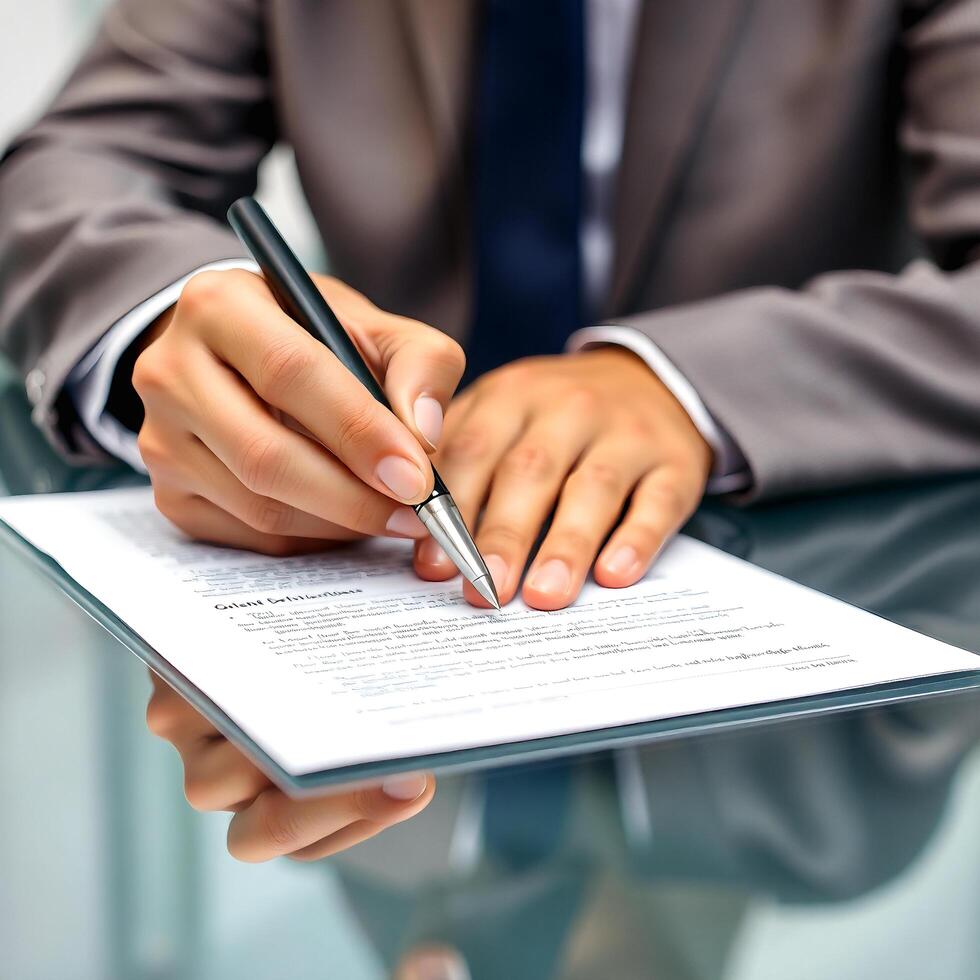 a man in a suit is signing a document photo