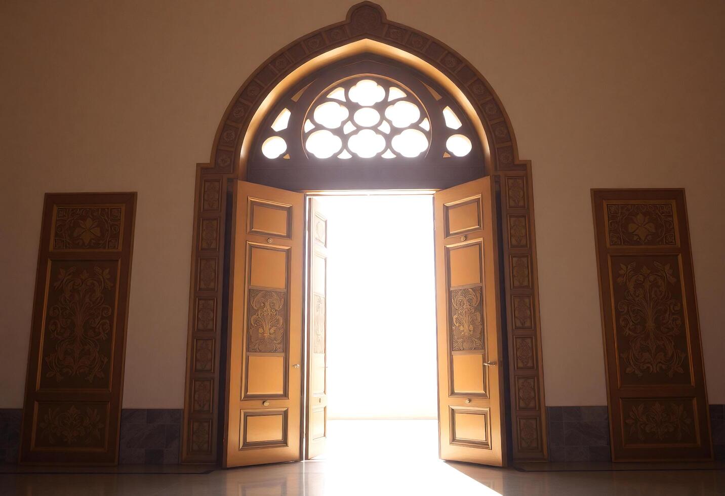 an open door with a light shining through it photo