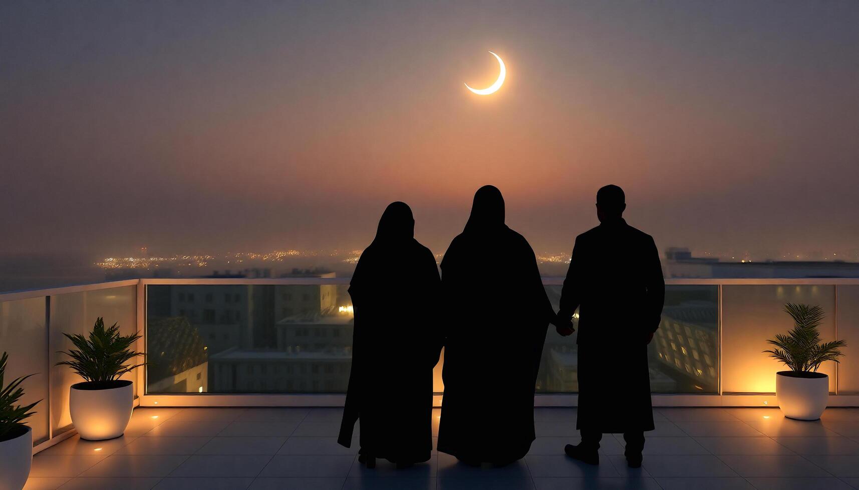 three people in black robes standing on a balcony with a crescent moon in the sky photo