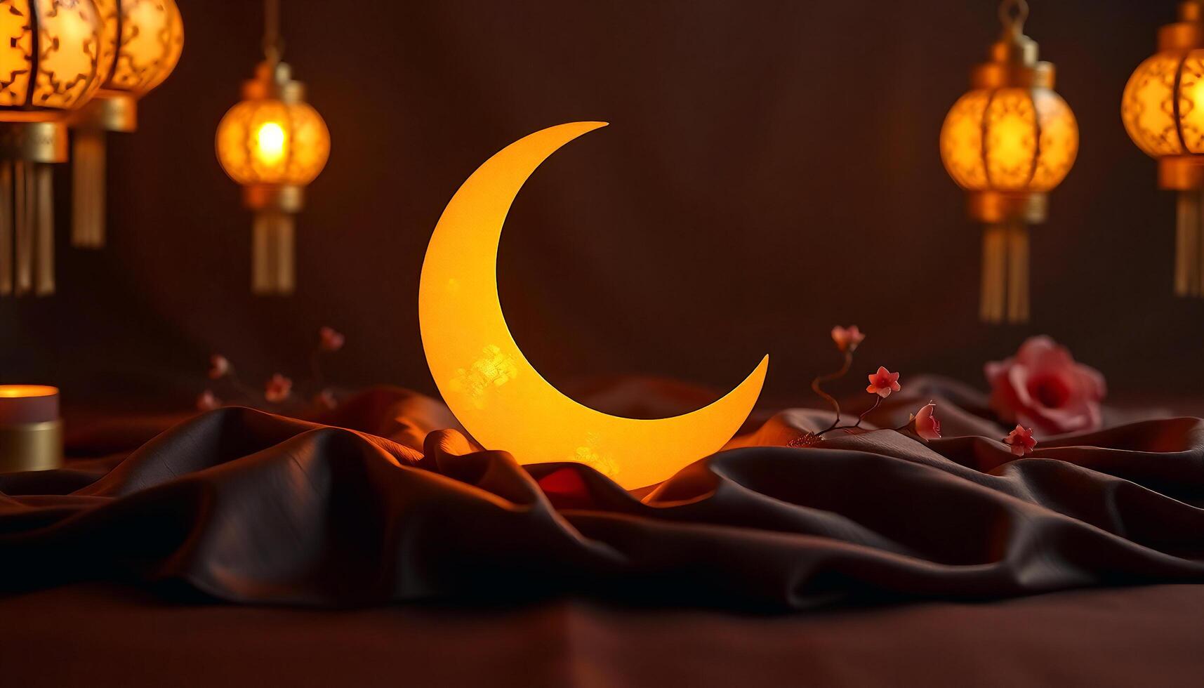a crescent and lanterns on a table with a red cloth photo