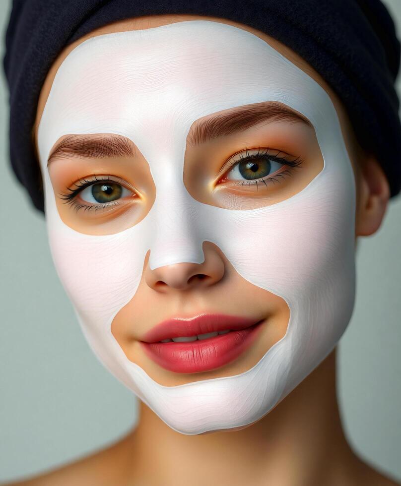 beautiful woman with facial mask on her face photo