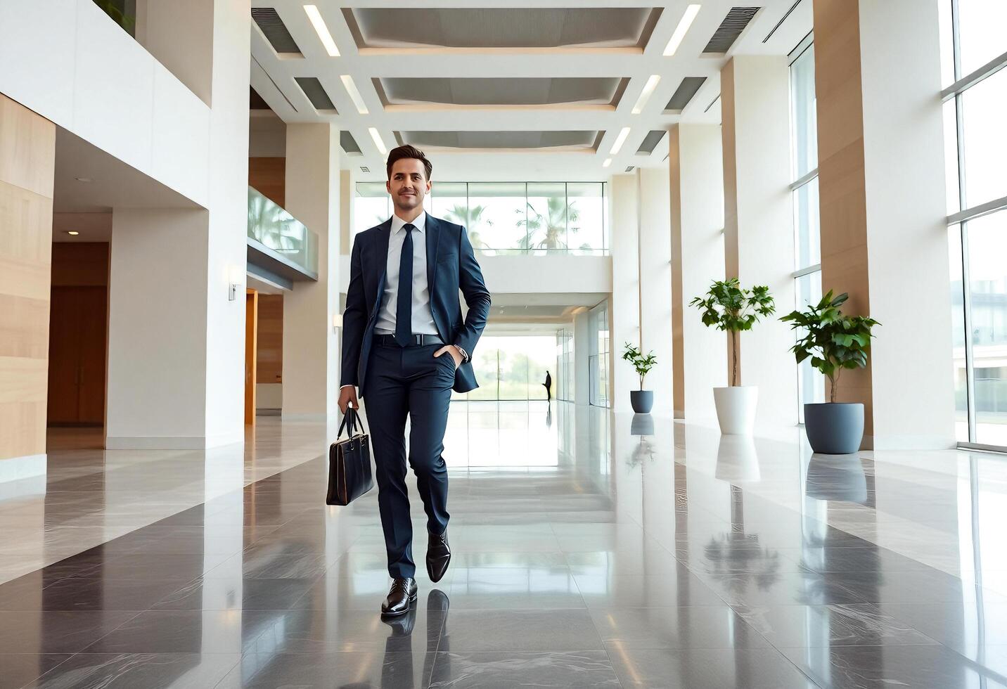a man in a suit and tie walking through an office building photo