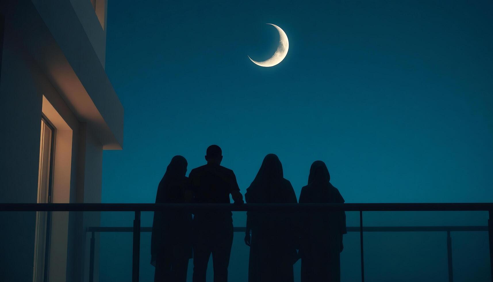 four people standing on a balcony looking at the moon photo