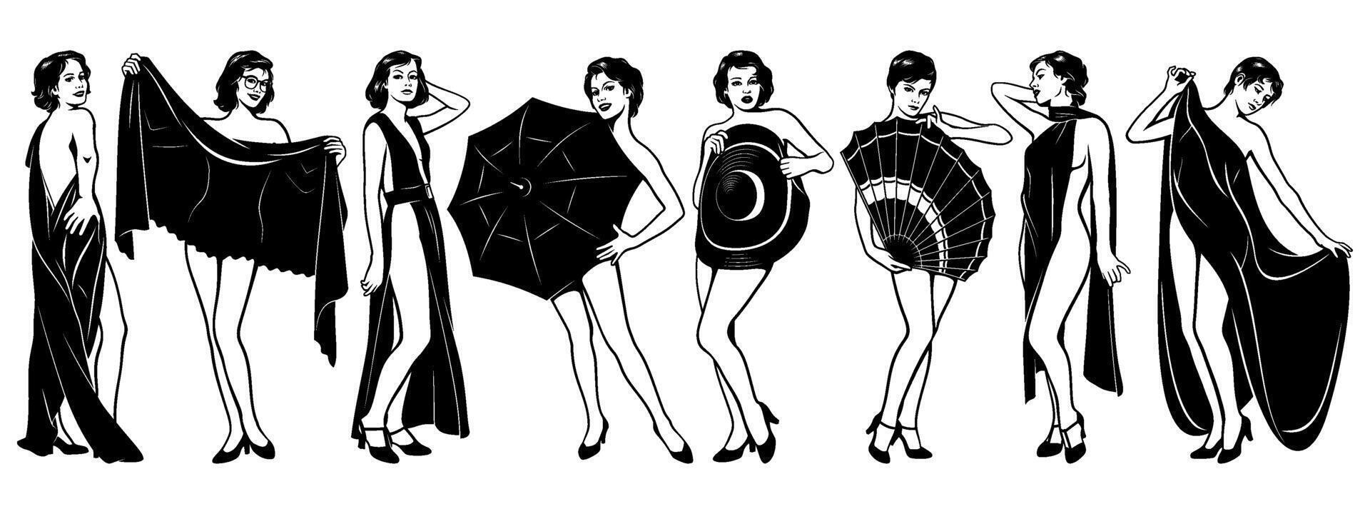 Set of Half Naked Women Covered by sheet, shawl, blanket, hat, umbrella, fan. Black and white cliparts isolated on white. vector