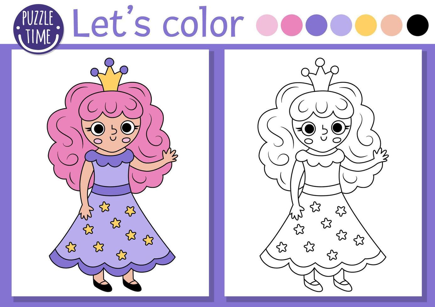 Coloring page for children with fairy girl, crown. fairytale outline illustration. Fantasy color book for kids with colored example. Magic world drawing skills printable worksheet with cute princess vector