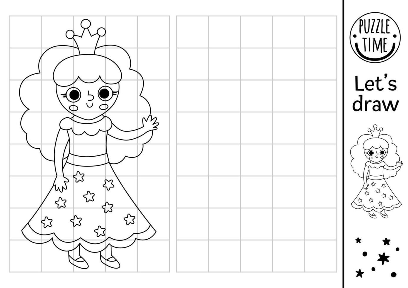 Draw the fairy. Fairytale drawing practice worksheet with cute princess. Magic printable black and white activity for kids. Fantasy copy or complete the picture coloring page with little girl vector