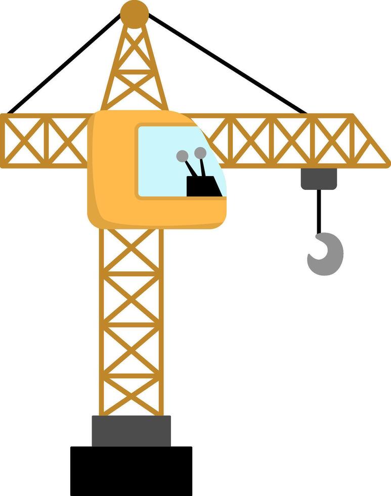 lifting crane with hook. Construction site and road work flat icon. Building transportation clipart. Cute special transport or repair service illustration. Yellow tall tower hoist for kids vector