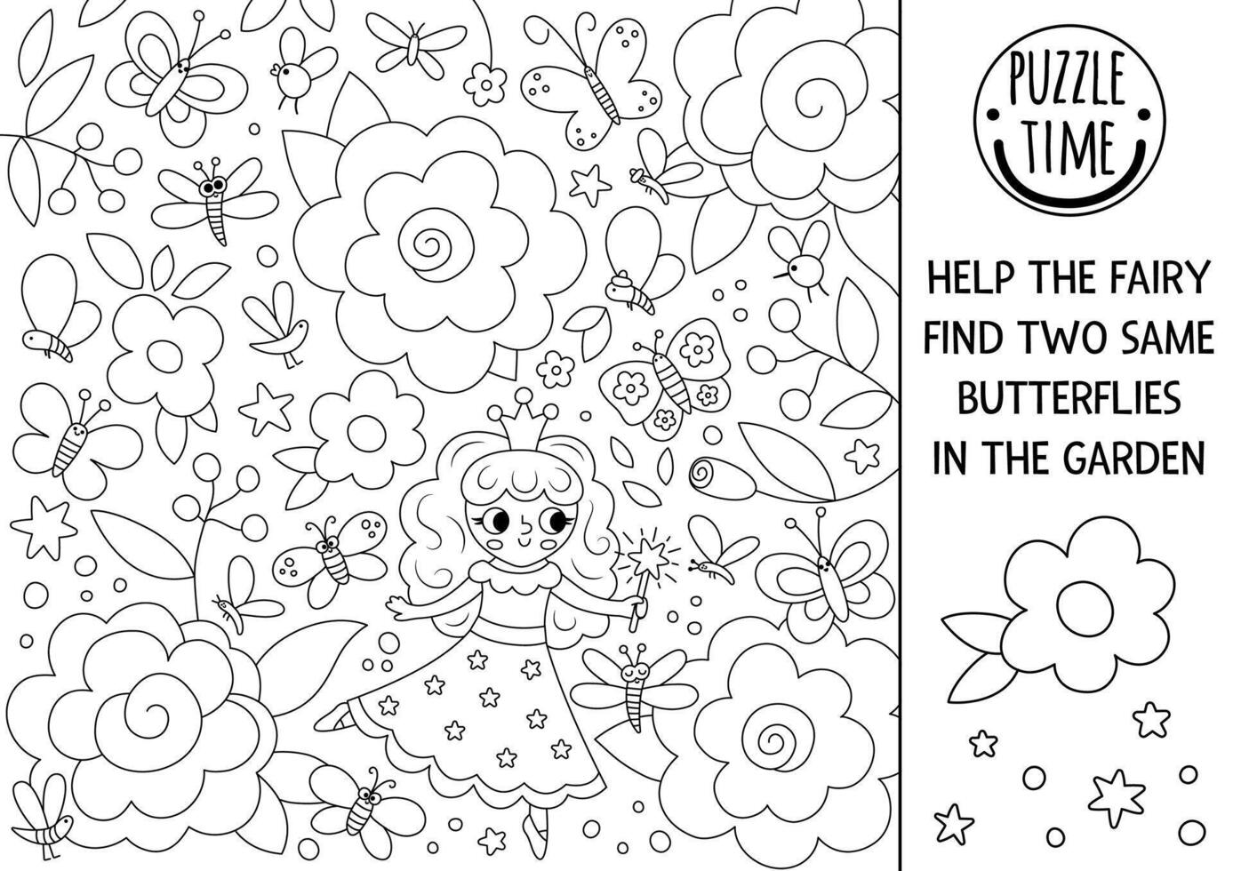 Help the fairy find two same butterflies in the garden. Fairytale coloring page with floral scene, little princess. Magic world matching activity for children. Fantasy black white worksheet for kid vector