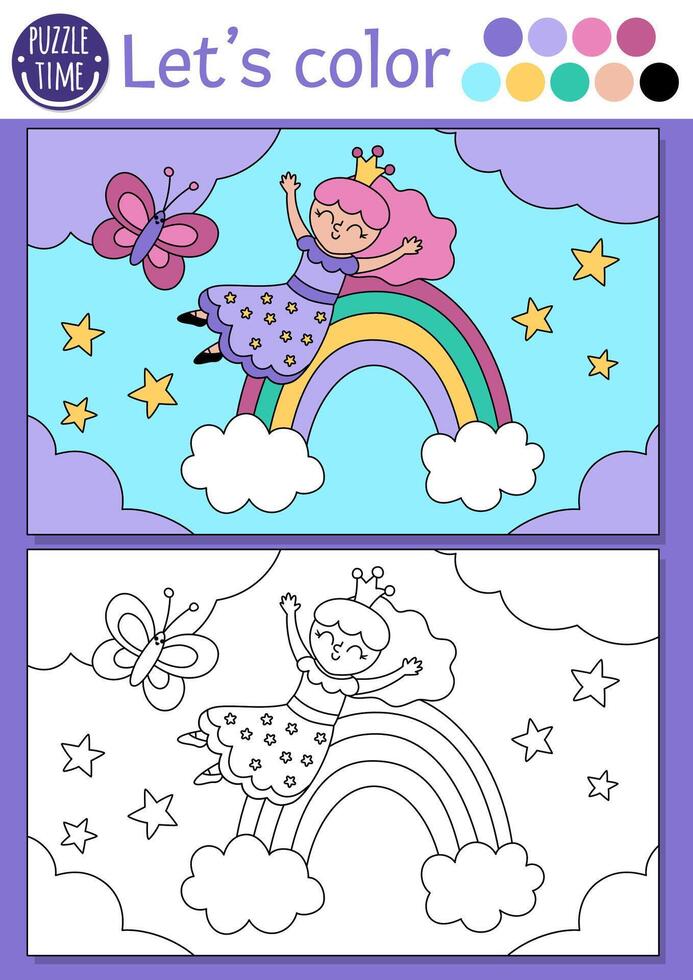 Coloring page for children with cute fairy princess sliding rainbow. fairytale outline illustration. Fantasy color book for kids with colored example. Magic world drawing printable worksheet vector