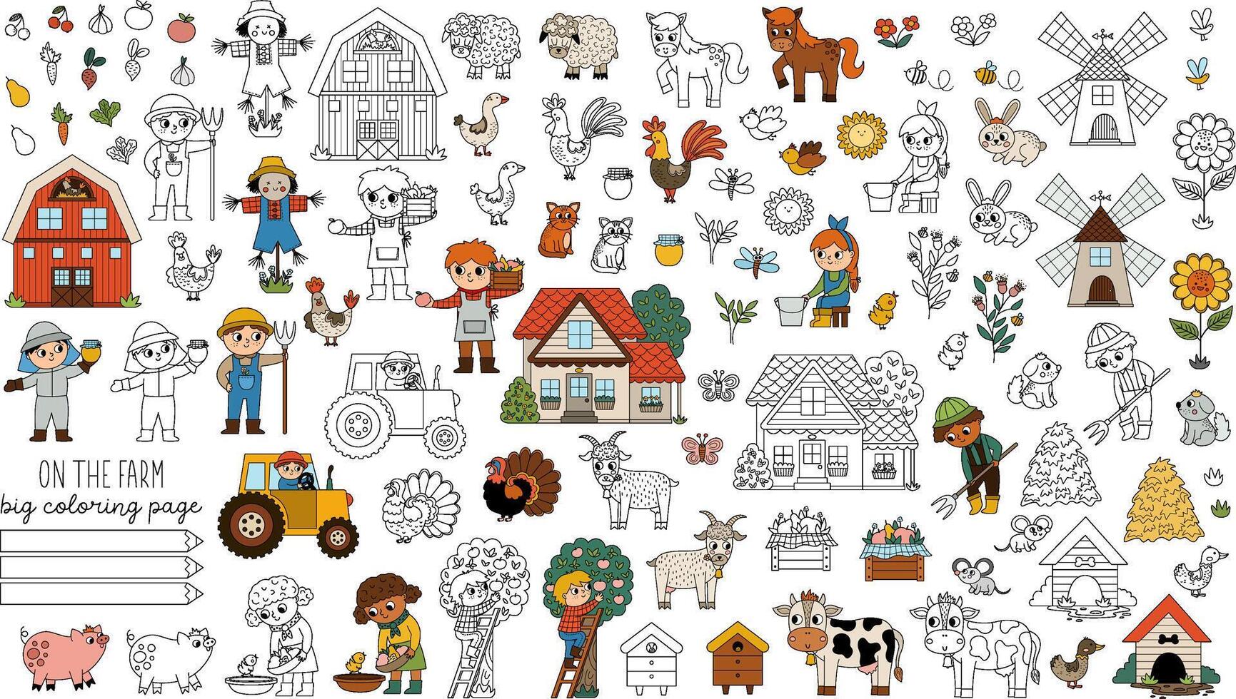 Big farm coloring pages set. Rural colored and black and white icons collection with funny kid farmers, barn, country house, animals, birds, tractor. Cute line village or garden illustrations vector