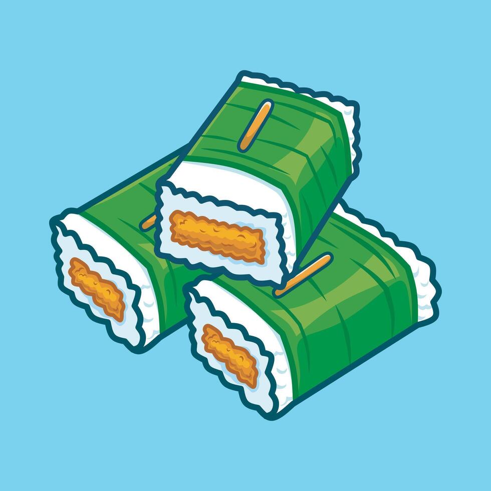 Cartoon illustration of chicken lemper is a traditional Indonesian food consisting of sticky rice wrapped in banana leaves with chicken filling. vector