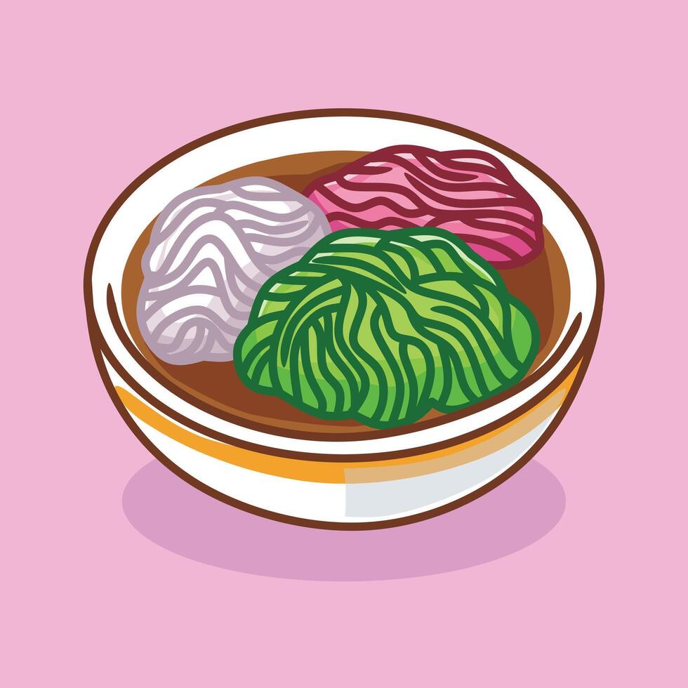 Cute cartoon illustration of putu mayang cake is a unique Indonesian traditional food vector
